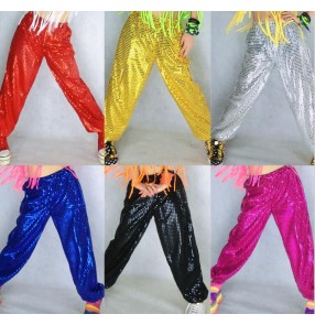 Silver gold red fuchsia hot pink black royal blue hot pink sequins paillette girls women's adult play modern dance club jazz dance hip hop dance performance pants outfits